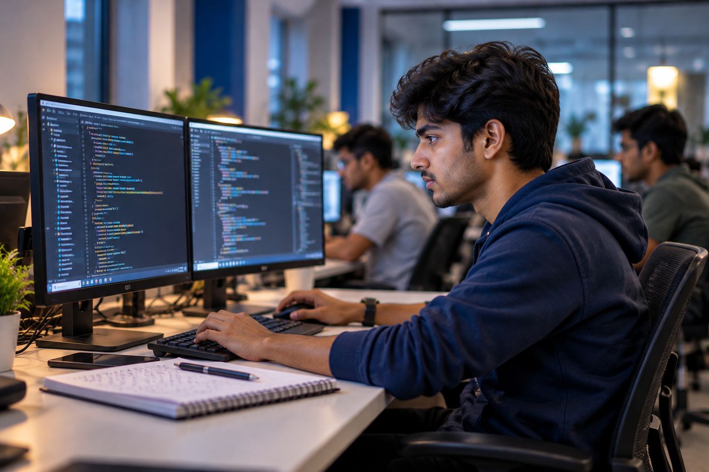 Student coding on dual monitors